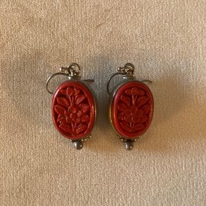 Carved red Cinnabar in sterling, silver earrings